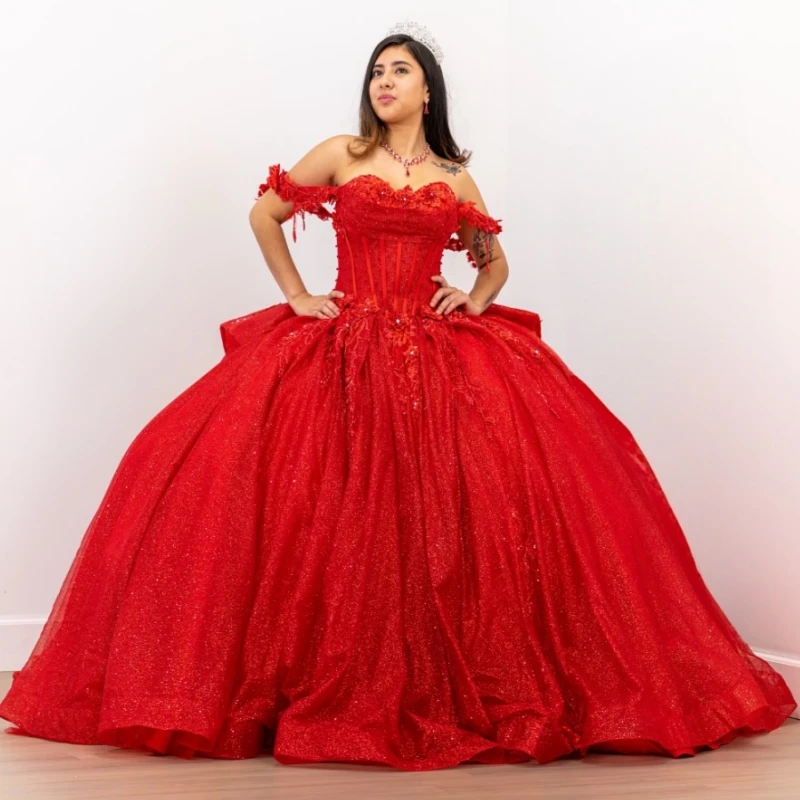 

Red Shiny Princess Off the Shoulder Sweet 16 Dress Quinceanera Dresses Applique Lace Beads Tull Corset Party Birthday Vestidos