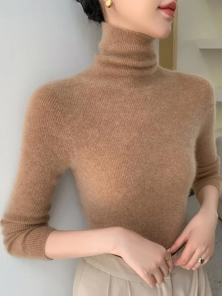 القهوة البني عالية الياقة المرأة قاعدة irt Sl محبوك سترة ثي الشتاء سترة تخفيف Sle نسيج ناعم طويل Sve #4