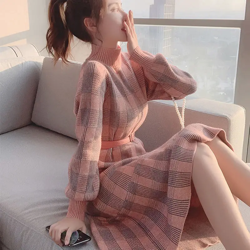 Pink Turtleneck Plaid Knitted Woman Dress Crochet Dresses for Women 2024 Outfits Elegant Party New In Promotion Features Clothes