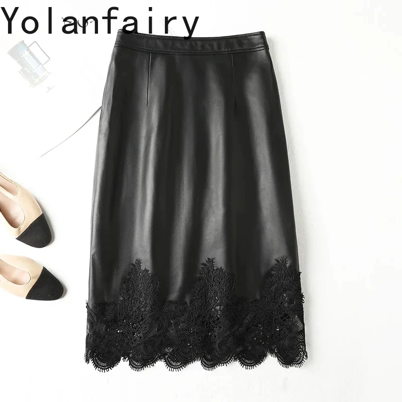 

New 2024 Genuine Leather Skirt High Waist Wrap Hip Skirts for Womens Clothing Natural Sheepskin Skirt Elegant Black Lace Skirt