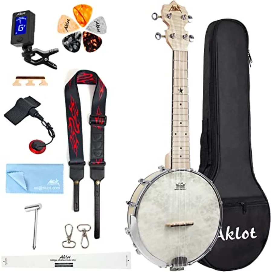 Banjo Ukulele, Concert Remo Drumhead Open Back Maple Body 15:1 Advanced Tuner with Two Way Truss Rod Gig Bag Tuner String Strap