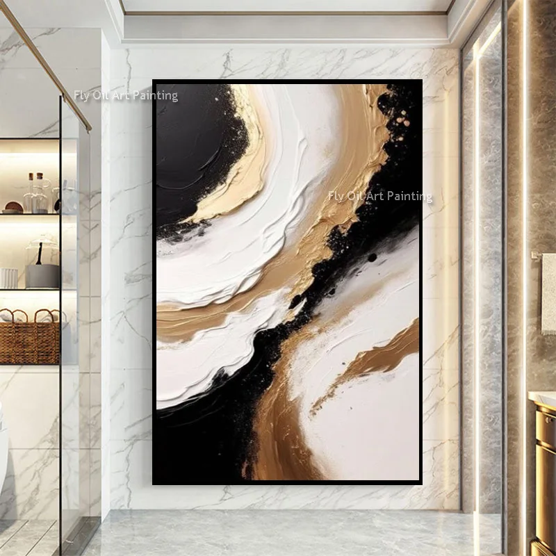 Hand-knifed swirling impasto painting, black white gold flow relief canvas, bathroom foyer modern wall decor