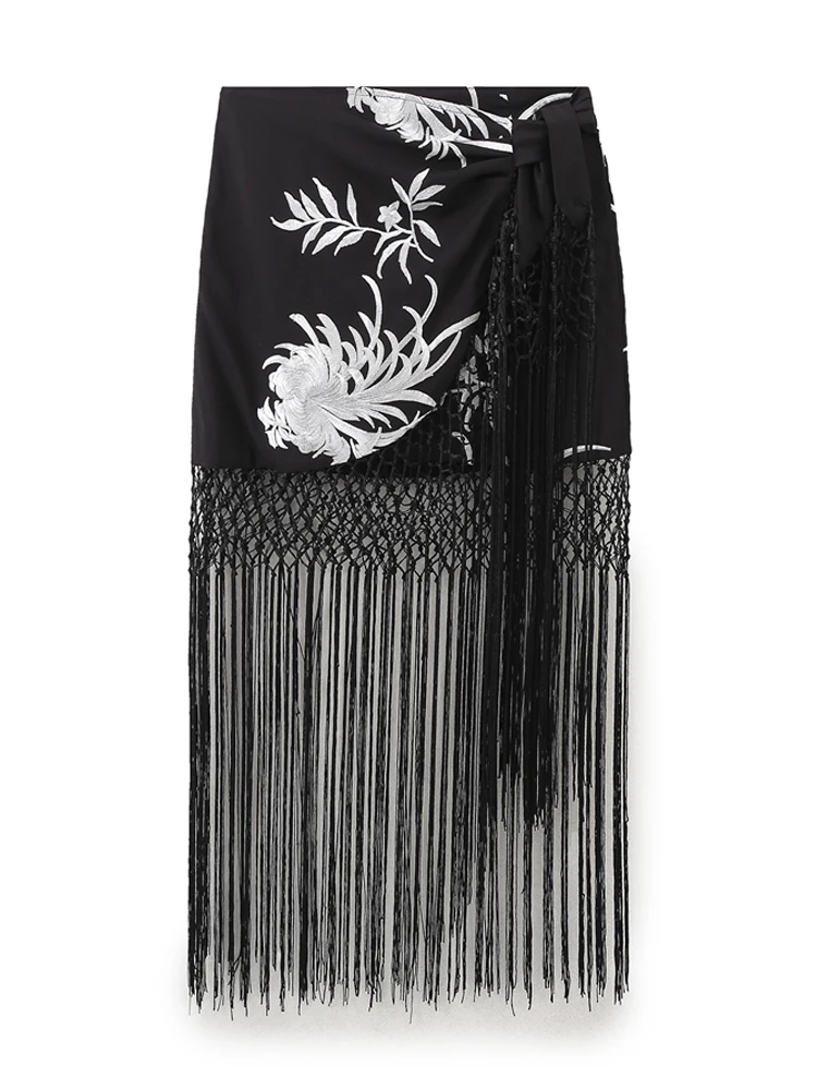 KAOPU ZA Women with fringing embroidered pareo midi skirt vintage mid-rise female skirts mujer