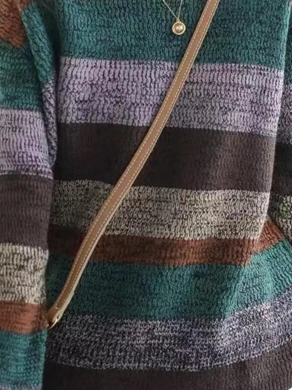 Artistique Vintage rayé tricots pull polyvalent intérieur couche de Base vêtements d'extérieur hiver Faion femmes coupe ample longue Sve