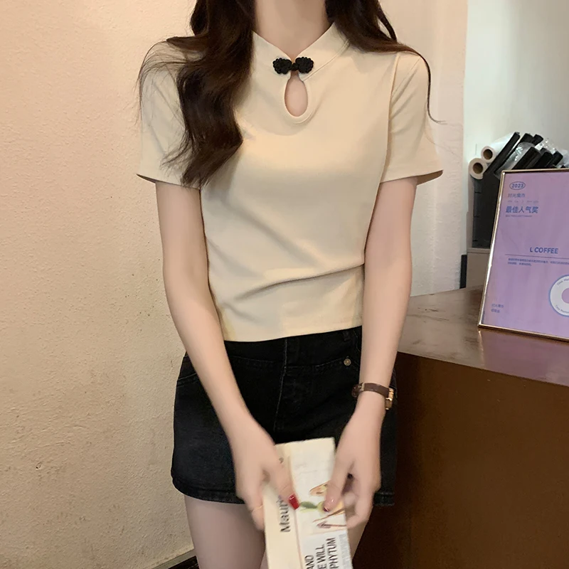 Short Sleeve T-shirt 2024 Summer Pan Buckle Slim Shoulder Solid Color Women's Top
