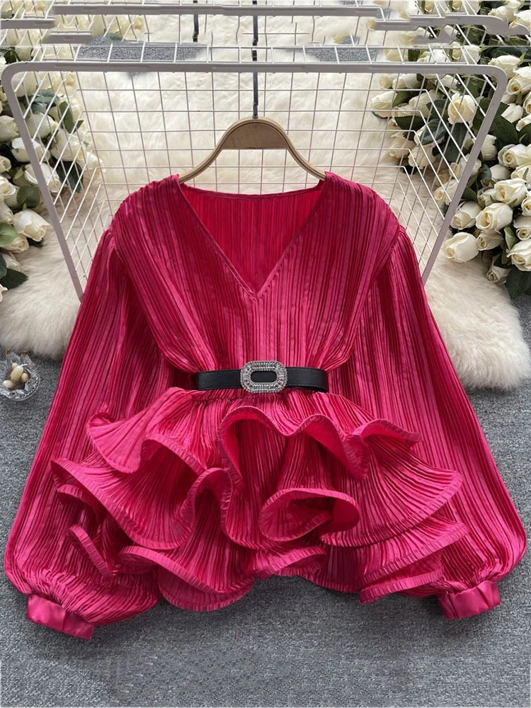 Elegant Solid V-neck Belt Ruffles Patchwork Slim Blouse Women Temperament Basics Shirt 2023 Summer New Tide Fashion SM6134