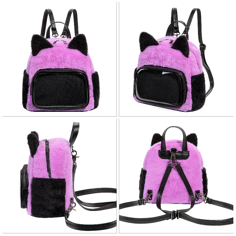 Purple Plush Cat Ear Mini Backpack, Fuzzy Crossbody Bag with Clear Ita Window, Cute Kawaii Shoulder Bag for Women Girls