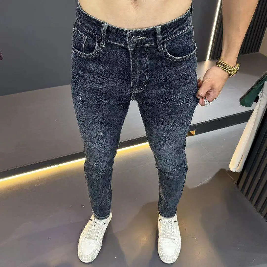 

Slim Fit Casual Jeans Men's Trendy Elastic Low Waist Dstring Cuff Low Rise Bootcut Denim Pants Faionable Casual Trousers