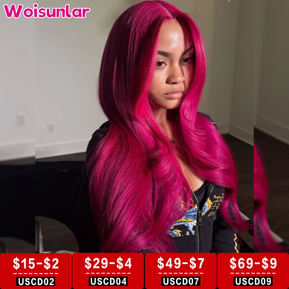 

34 inches Dark pink color Lace Frontal Wigs human hair 13x4 13x6 Transparent Lace Body wave 200% Black women Human Hair wig 100%