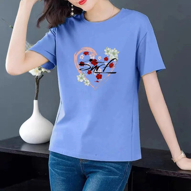 

Summer Floral Heart Print Loose Fit Women's Casual T-Shirt With Romantic Design For Beach And Everyday Wear