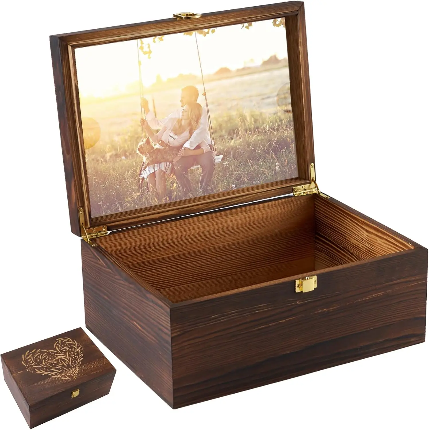 Larger Wooden Memory Keepsake Boxes With Hinged Lids and a photo frame inside the lid  - 5.3“*8.6”*11.7“ carbonized