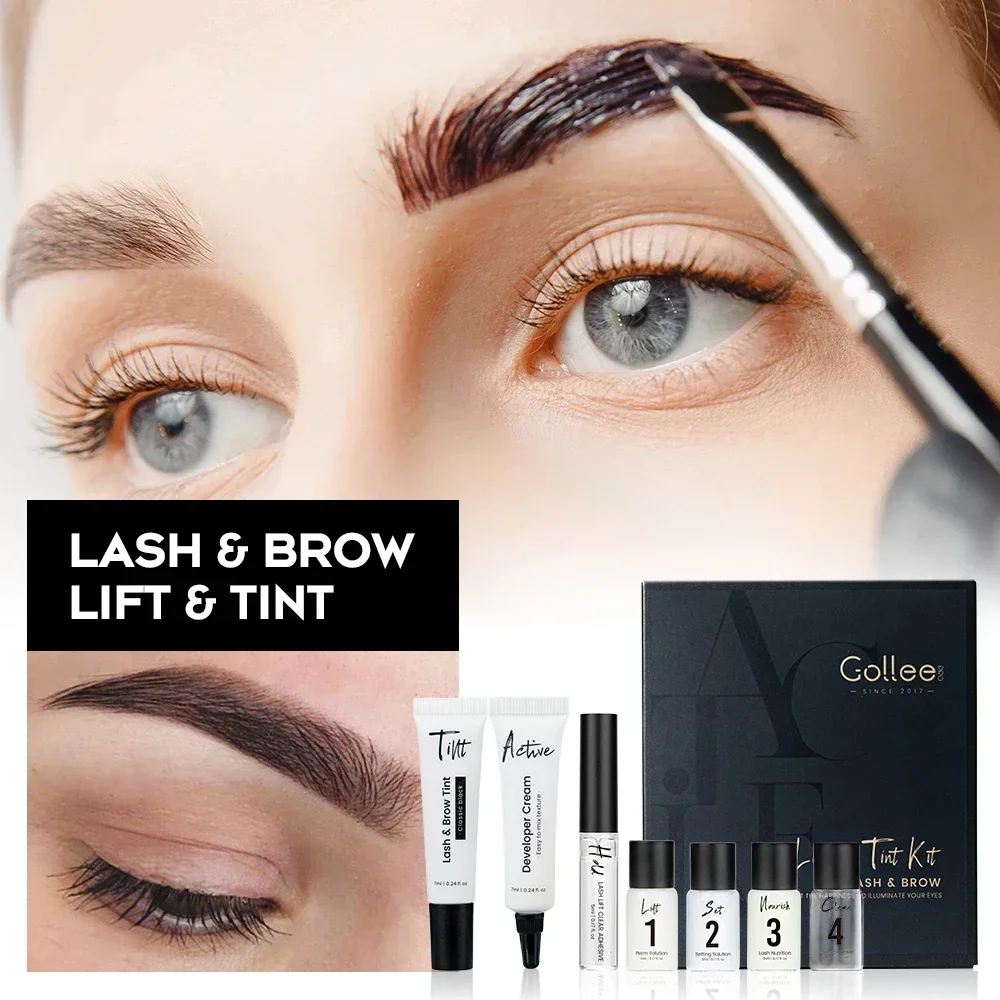 Gollee Lash Lift Kit 4 in 1 Brow Lamination Kit, Professional Eyelash Perm Kit Use At Home Long-Lasting Natural Brown Color