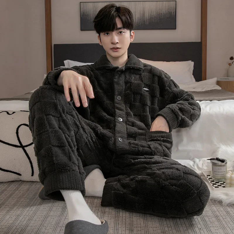 Thickened Warm Men's Pajamas Autumn and Winter Flannel Long-Sleeved Trousers Coral Velvet Homewear Youth Clothing 2PCS/Set