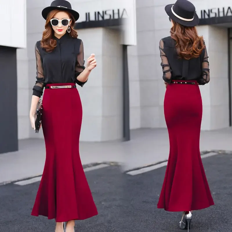 

Fishtail Skirt Solid Slim Fit Elegant Casual Korean Style Straight A-line Thin Winter Pure Sexy Female Clothing T103