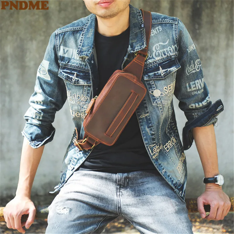Vintage natural crazy horse cowhide men's sports chest bag fashion high-quality genuine leather daily party small shoulder bag