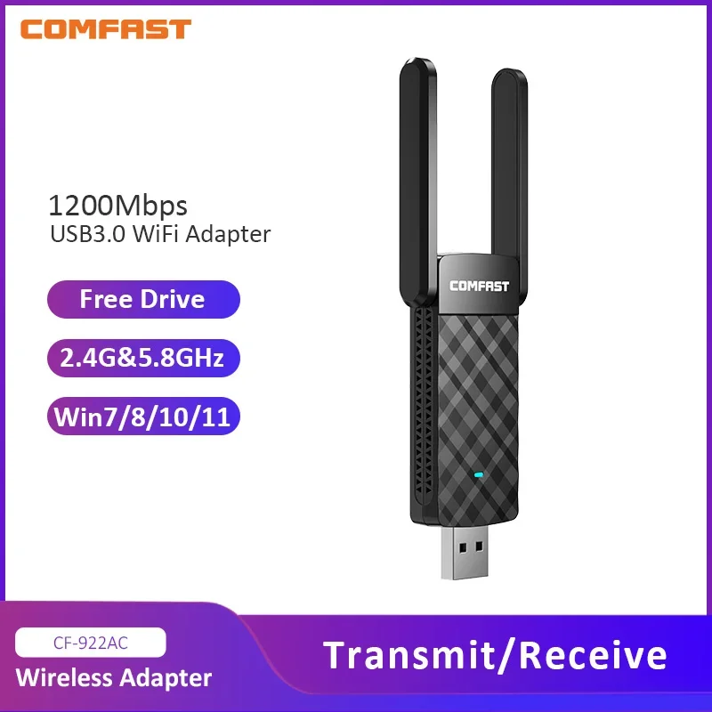 

Comfast 2,4G и 5G Wi-Fi адаптер USB3.0 Free Drive WiFi Dongle AC1300 Беспроводная сетевая карта для Win XP/7/8/10/11 Kali Linux Monitor