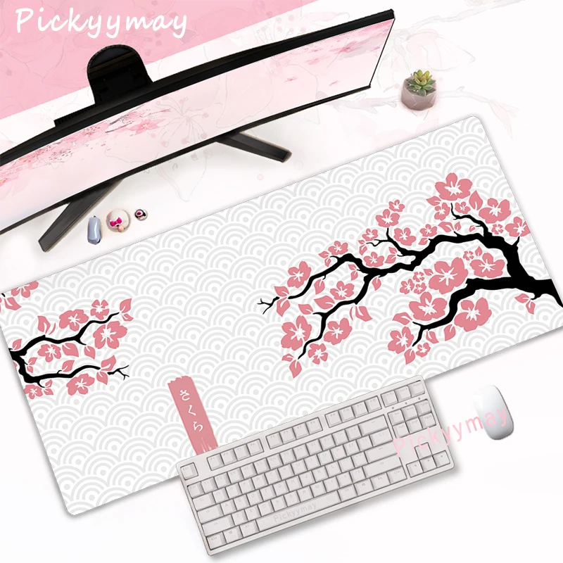 Rosa flores de cerejeira mousepad mesa do computador em casa grande pc mouse pad arte sakura teclado mause tapete acessórios de escritório