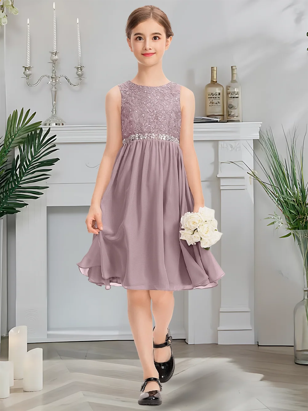 Gaun Pengiring Pengantin Junior Renda Sifon Panjang Selutut C A-line Scoop dengan Gaun Gadis Bunga Tanpa Lengan Manik-manik dengan Ritsleting Belakang Musim Panas