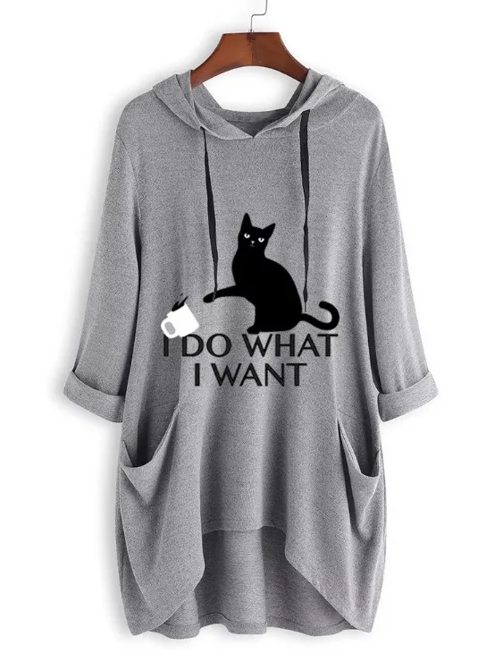 2024 New Loose Large Knitted Hoodie Long Sleeved Hooded Irregular Cat Print Women\'s Wear