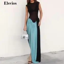 Sexy Elegant Sleeveless Transparent Club Dress New Women Draped Pleat Party Dress Fashion Contract Color Mesh Splicing Dresses