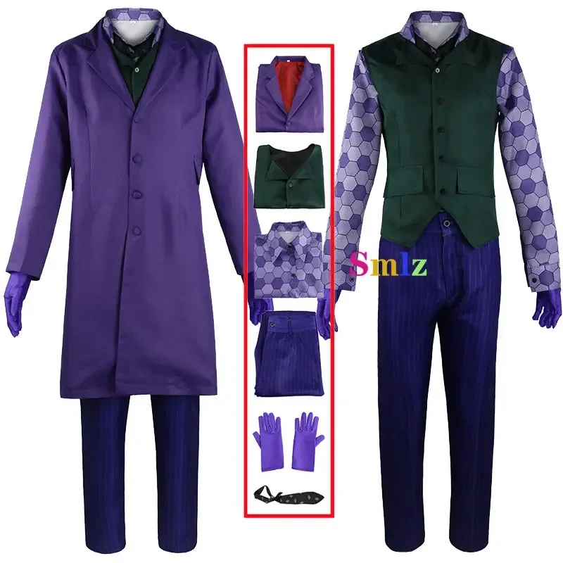 ZA01 Heath Ledger Cosplay Suit Halloween Men Movie Knight Joker Costume Purple Jacket Trench Vest Pants Full setsZa0@