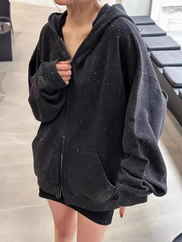 2023 Autumn and Winter New Fashion Rhinestone Hoodie Coat Women\'s Loose-fit Long Sleeve Distressed Zipper Sweatshirt Streetwear