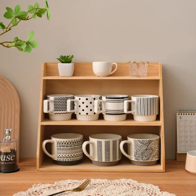 

Desktop cup storage box, wooden finishing, retro table cup rack, solid wood office storage layering