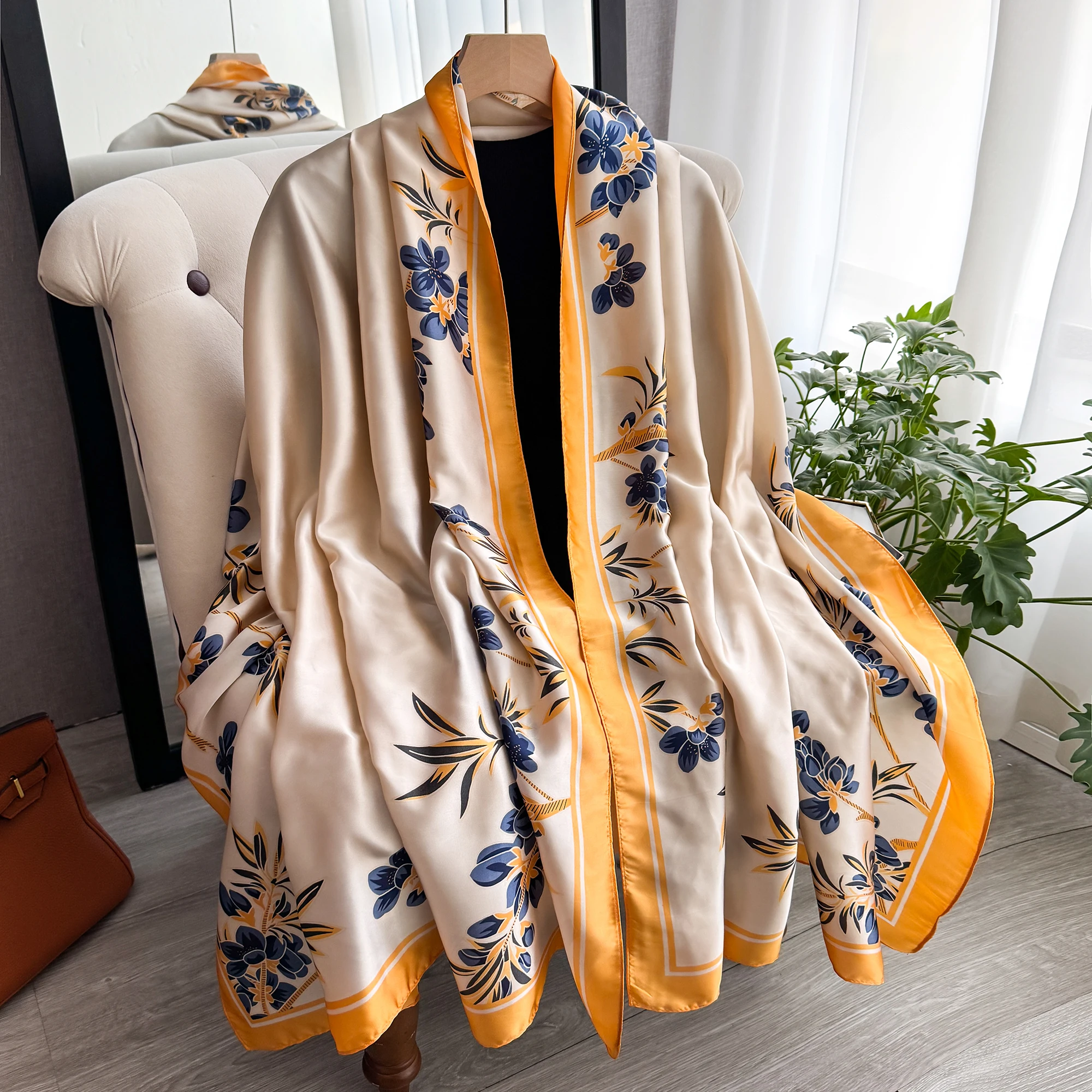 Klassischer Seidenschal 180x90cm für Damen, großer modischer bedruckter Schal für Büro, Hijab, Strandtuch, Bandana, Muffler, Pareo