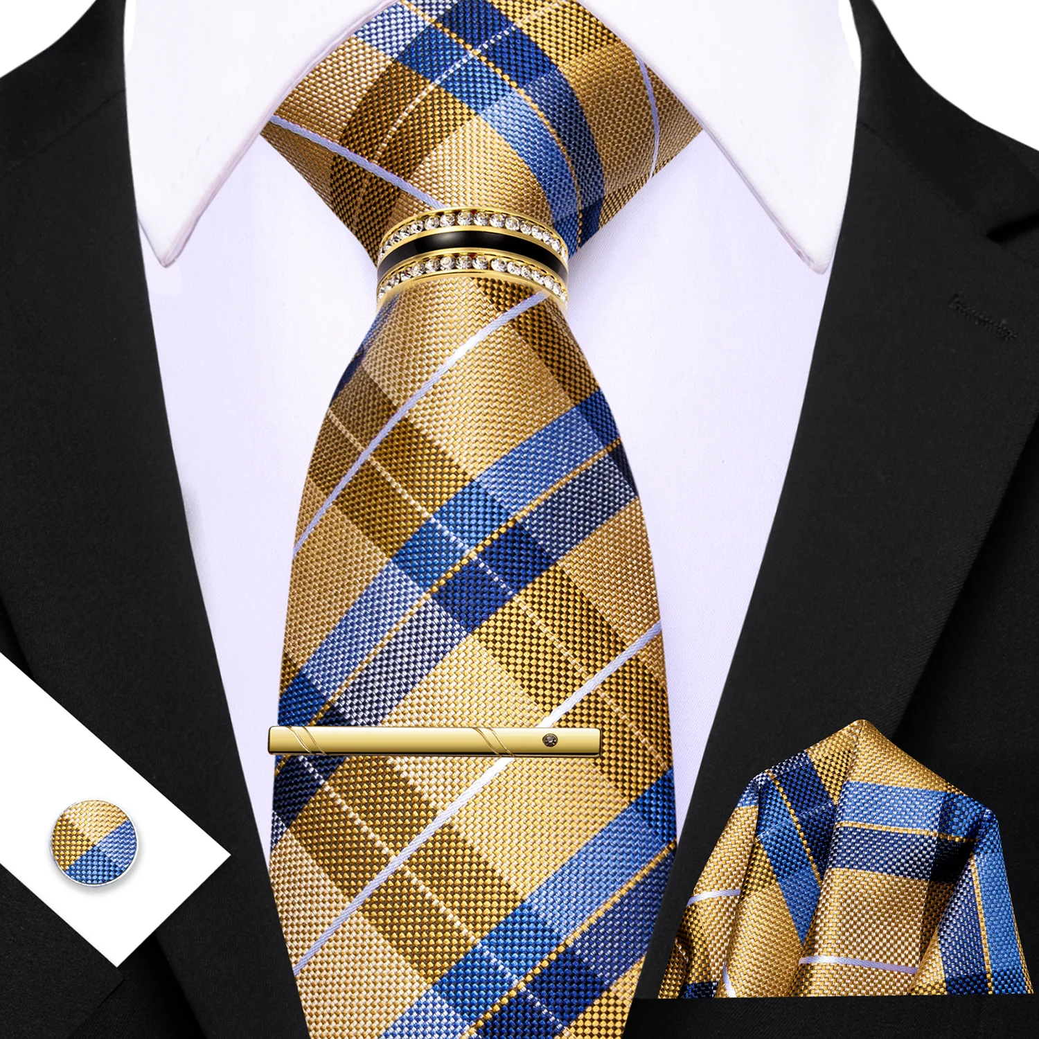 Fashion Mens Colorful Plaids Necktie Set Woven Tie Pocket Square Cufflinks with Tie Ring Tie Clip Wedding Suit Accessories