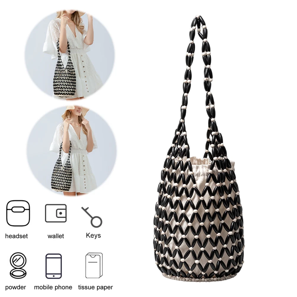 Wooden Bead Bucket Shoulder Bag for Holiday Travels Date Handmade Beaded Shoulder Bag Casual Beach Handbag for Women image 3