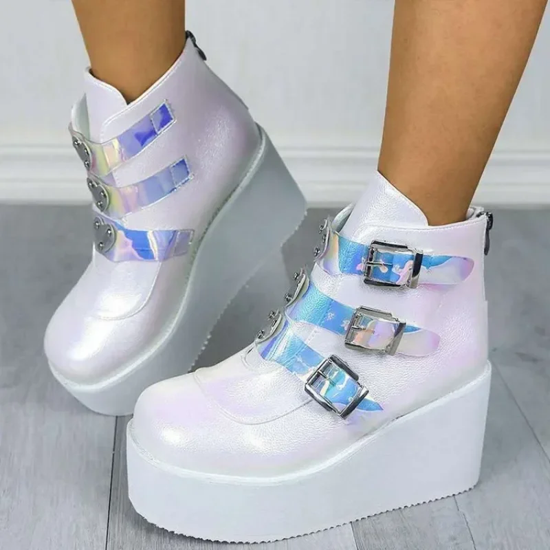 Women Ankle Boots Platform Wedge Super High Heel Metal Heart Laser Female Pumps Ladies Belt Round Toe Lolita Punk Harajuku Shoes