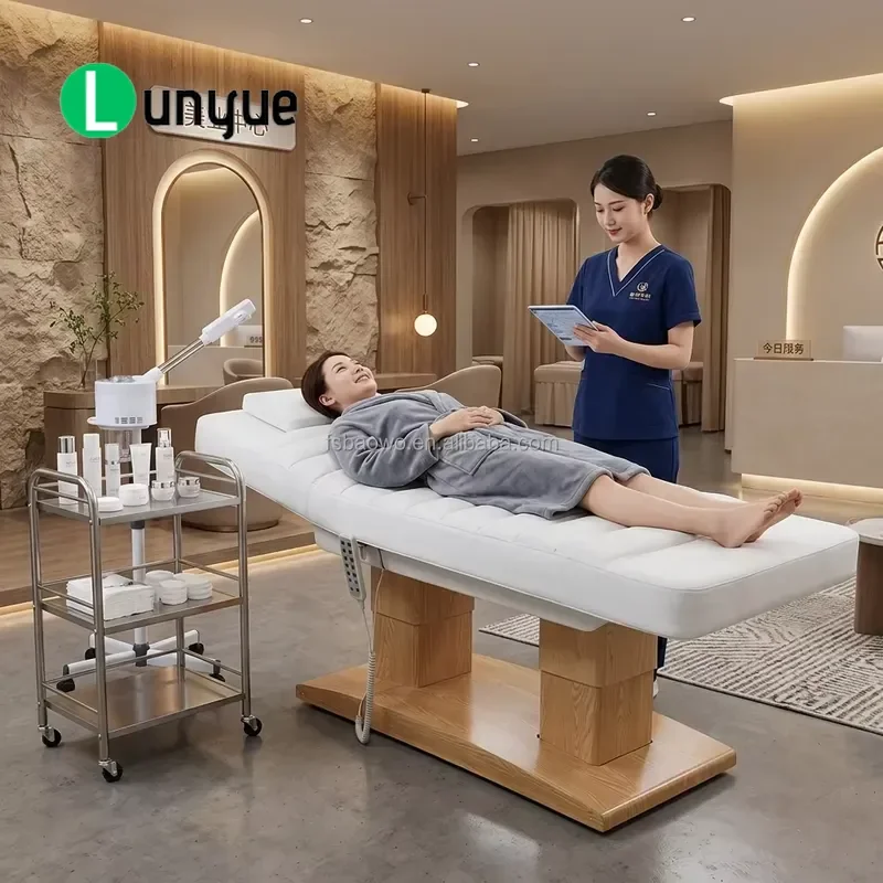 White Electric Reclining Massage Bed with Wood Grain Base 4 Motors for Spa Eyelash Care Medical Beauty Work Comfortable