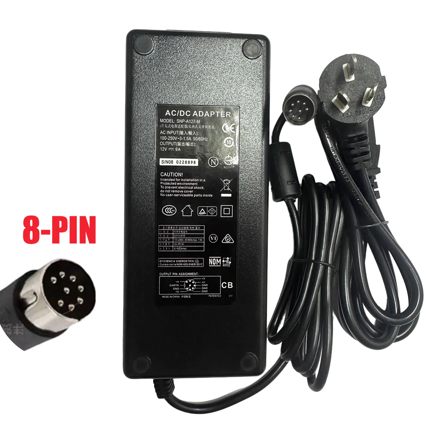 

New For SKynet SNP-A127-M Monitor Power Supply AC Adapter 12V 9A 8pin Plug Charger