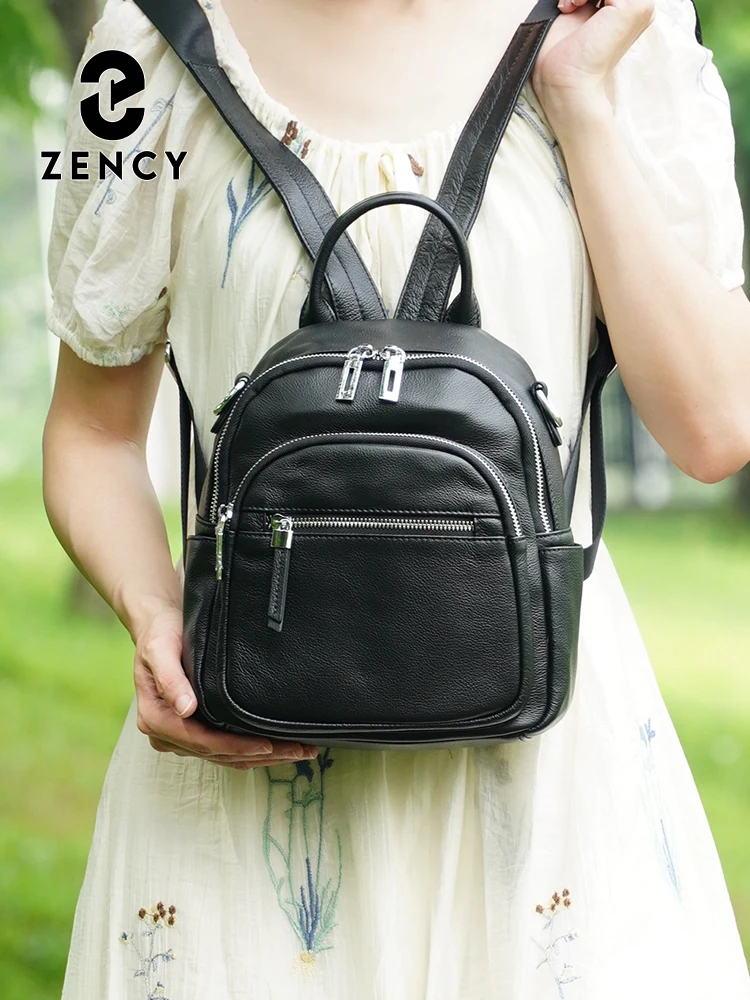 Zency Genuine Leather Small Backpack Knapsack Multi-pocket Design Wide Strap Convertible Shoulder Bag For Travel Commuter Work