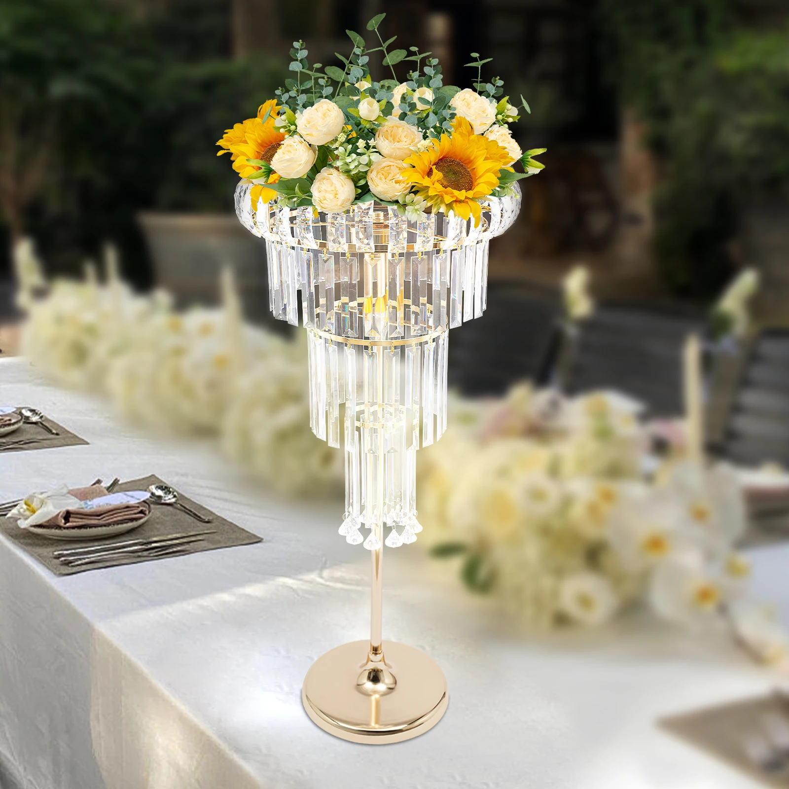 Suporte de flores de casamento acrílico de 4 camadas com luzes LED galvanizadas em ouro com capacidade de carga de 5 kg para decoração de casamento