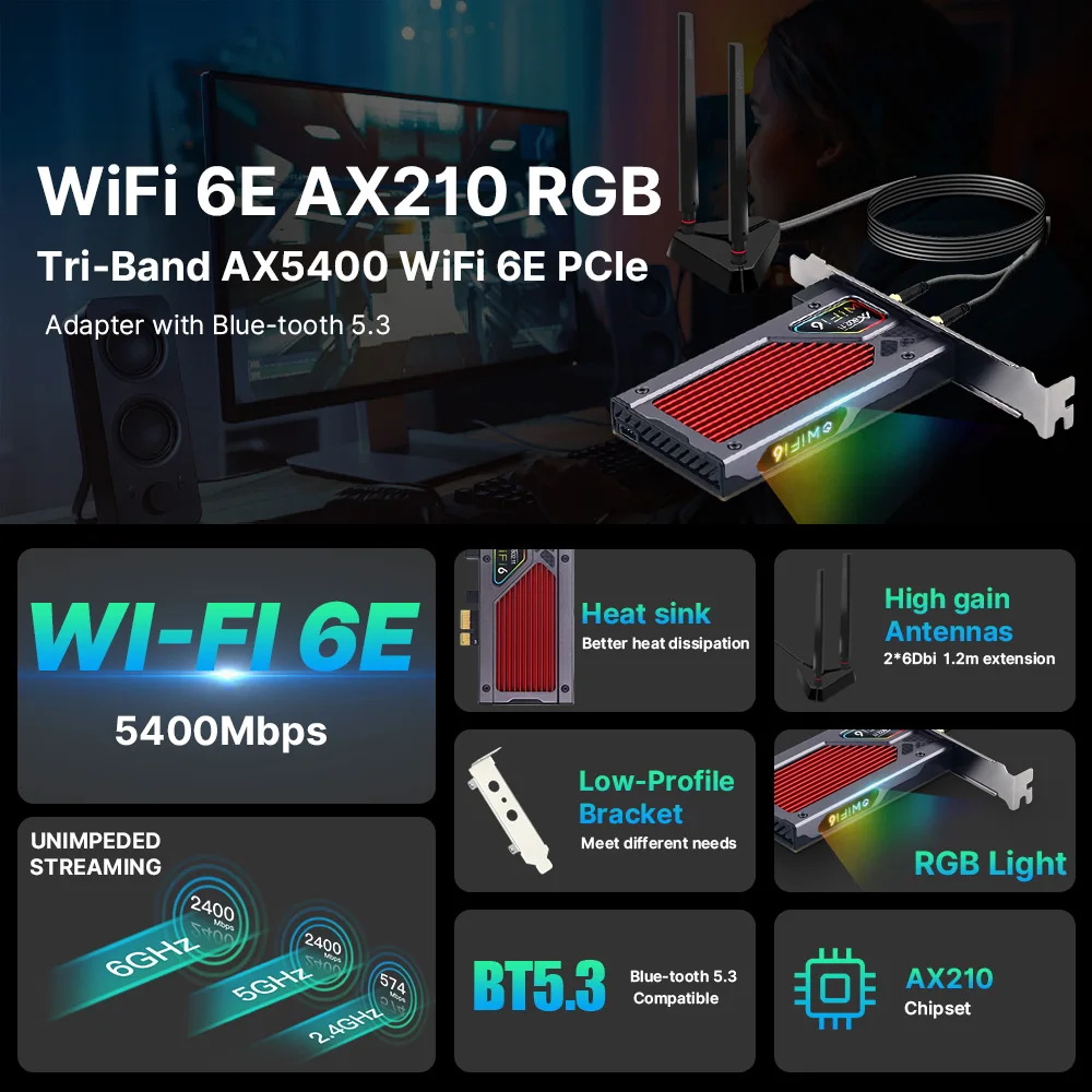 FENVI AXE3000RGB 5400M WiFi 6E AX210 For Bluetooth 5.3 Tri-Band 2.4G/5G/6Ghz Wireless PCIe WiFi Adapter WiFi 6 Card PC Win10/11