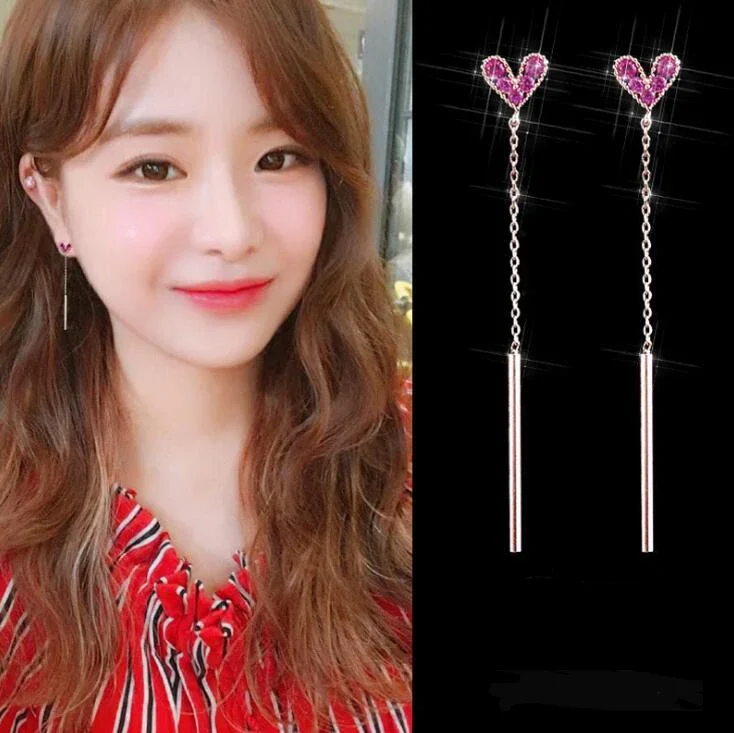 GRACE JUN AAA CZ Bow-knot Fan Heart Long Clip on Earrings Fashion Bridal Weddings Drop Tassel Earrings Jewelry No Hole Earrings