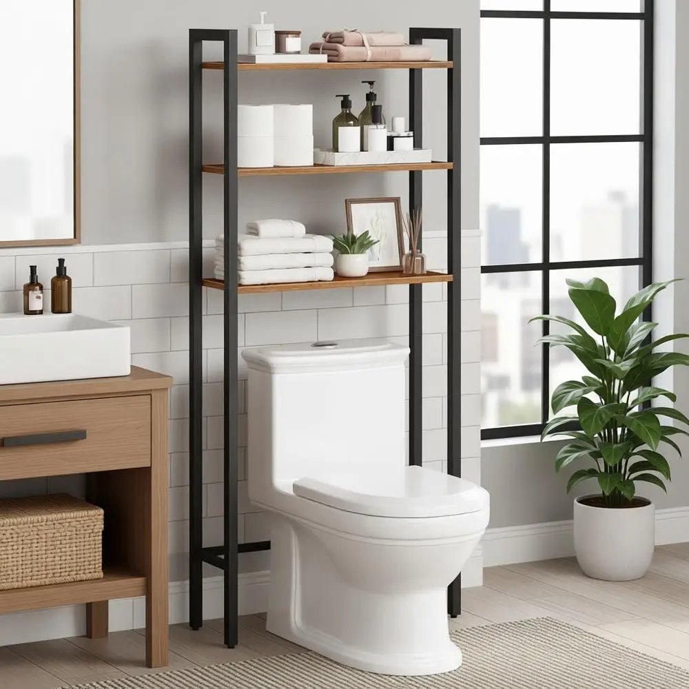 

3-Tier Over Toilet Bathroom Organizer Shelf, Rustic Brown and Black, Space-Saving, Easy Assembly