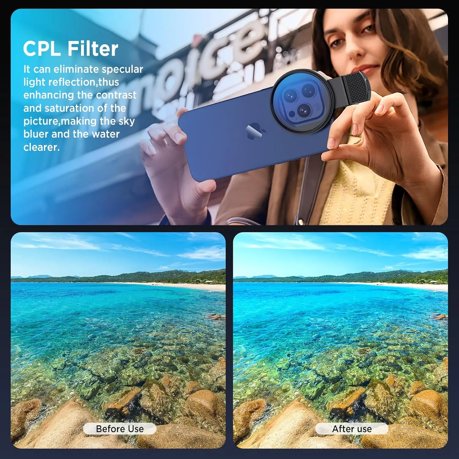 52MM Circular Universal Portable Polarizer Camera Lens Clip CPL / UV Filter Kit for iPhone Huawei Xiaomi Samsung