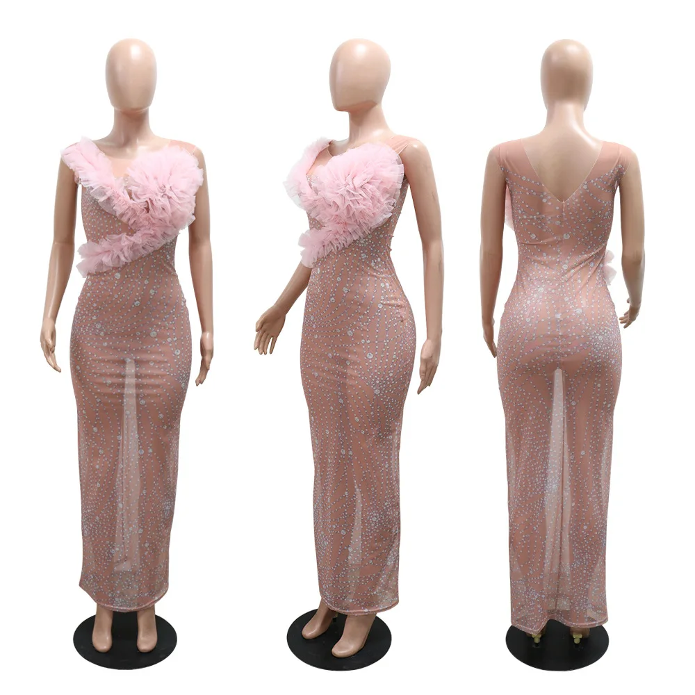 Vestido Sexy de malla rosa con lazo y flores para mujer, vestidos elegantes de noche Maxi, ropa de verano para mujer, vestidos sexis de lujo ajustados para fiesta de graduación en la playa