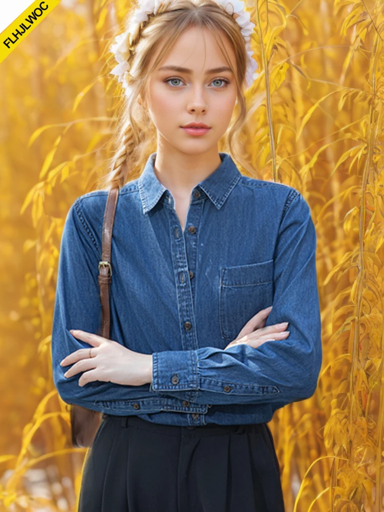 

Retro Vintage Jeans Tops Pockets Design Women 2025 Spring Long Sleeve Chic Korea Single-Breasted Button Blue Denim Shirts