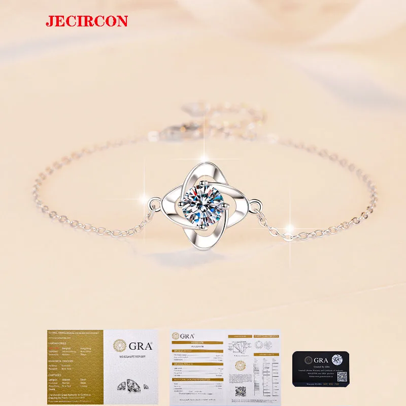 

JECIRCON 1-каратный браслет из стерлингового серебра 925 пробы с муассанитом для женщин Lucky Planet с простым дизайном и изысканной цепочкой на руку в подарок