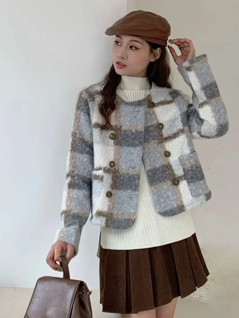 

Ele Vintage Women's Woolen Coat Long Sve Loose Fit Lapel Double Button ort Top Faionable Autumn Outerwear