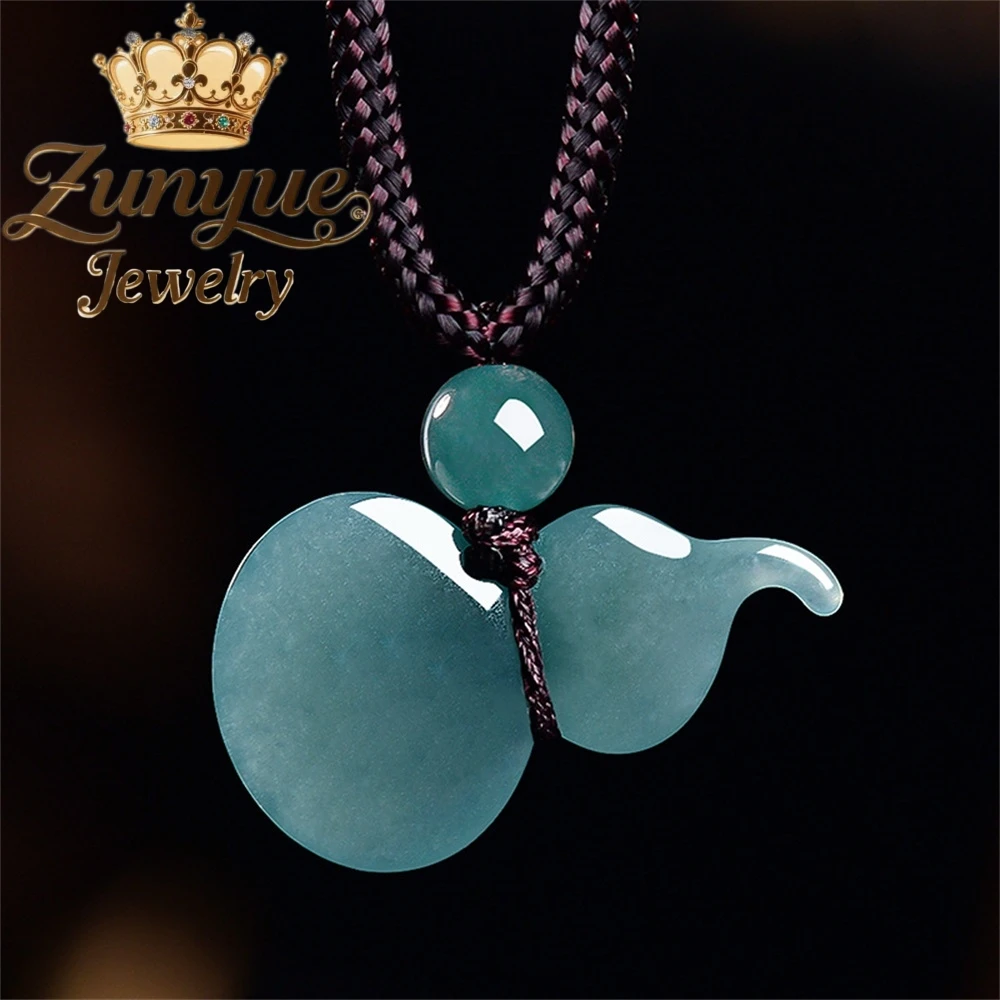Natural A Grade Jadeite Blue Water Calabash FuLu Pendant Ice Jade Stone Pendant Vintage Chinese Style Neck High-end Gift Jewelry