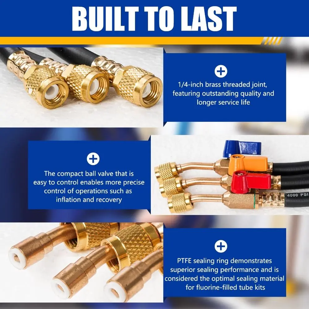 

Rubber Charging Hose Set Fluoridation Detection SAE Standard Refrigerant Charging Hoses 4000psi Burst Pressure Fluorinated Tubes