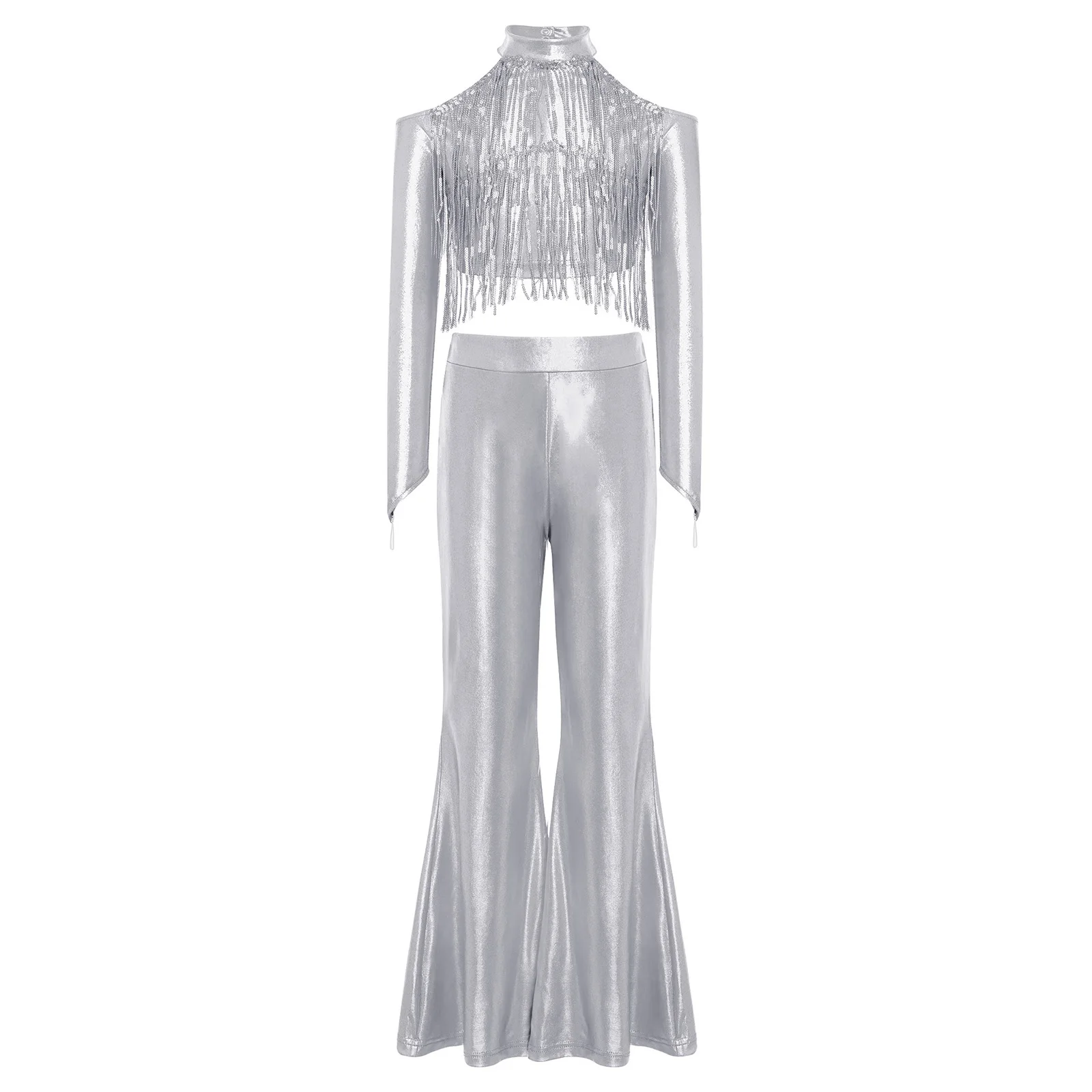 Kids Girls 70s Disco Latin Jazz Dance Outfit Long Sleeve Shiny Sequin Tassels Metallic Crop Top with Bell-Bottom Pants Dancewear