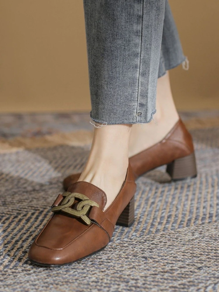 

Women's Platform Loafers Square Toe Chunky High Heels Slip On Shoes Spring Autumn Casual French British Style Leather Footwear