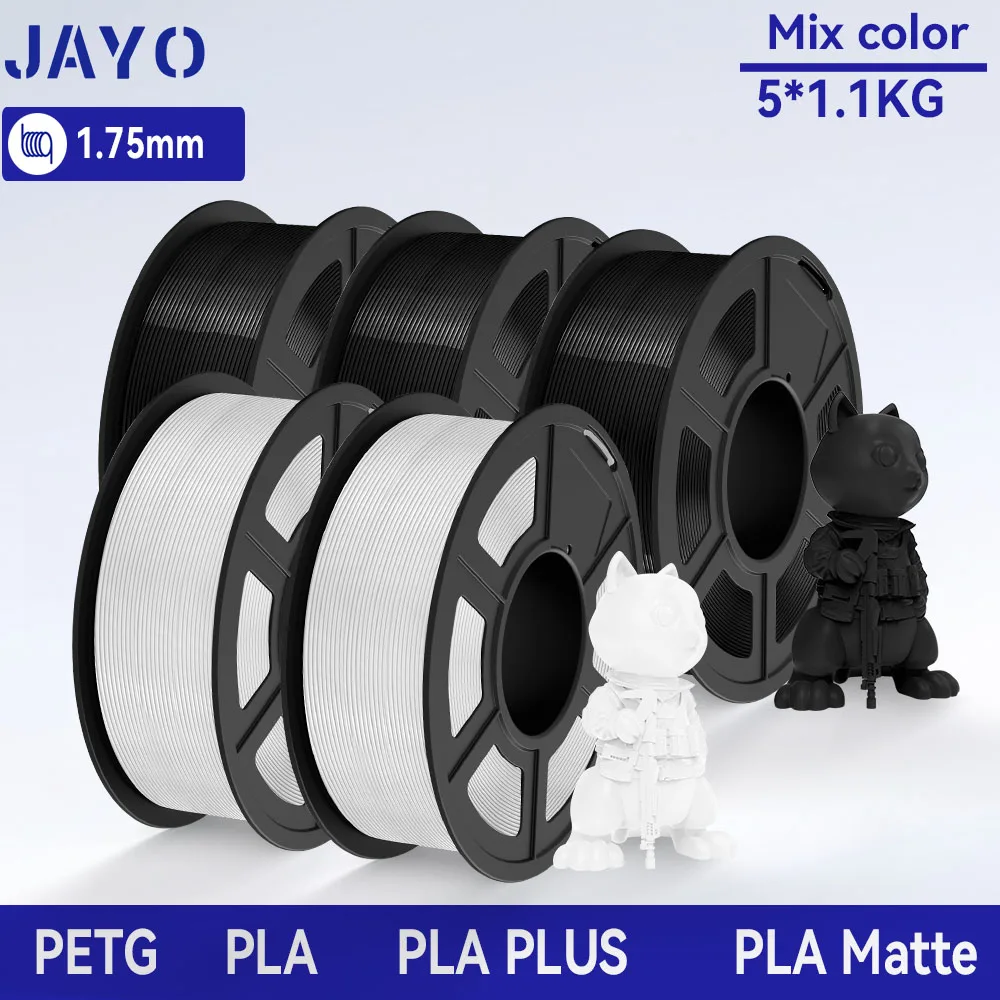 JAYO 5Rolls 3D PETG/PLA/PLA PLUS/PLA Matte Filament 1.75mm Filament  For Bambu FDM 3D Printer Neatly Wound 3D Printing Material