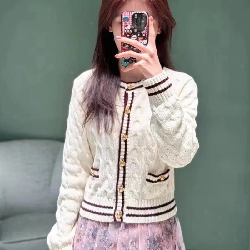 2024 New Wine Red Patchwork Winter Sweater Round Neck Metal Button Fashion Knit Tops Beige Wool Blend Elegant Chic Lady Jacket