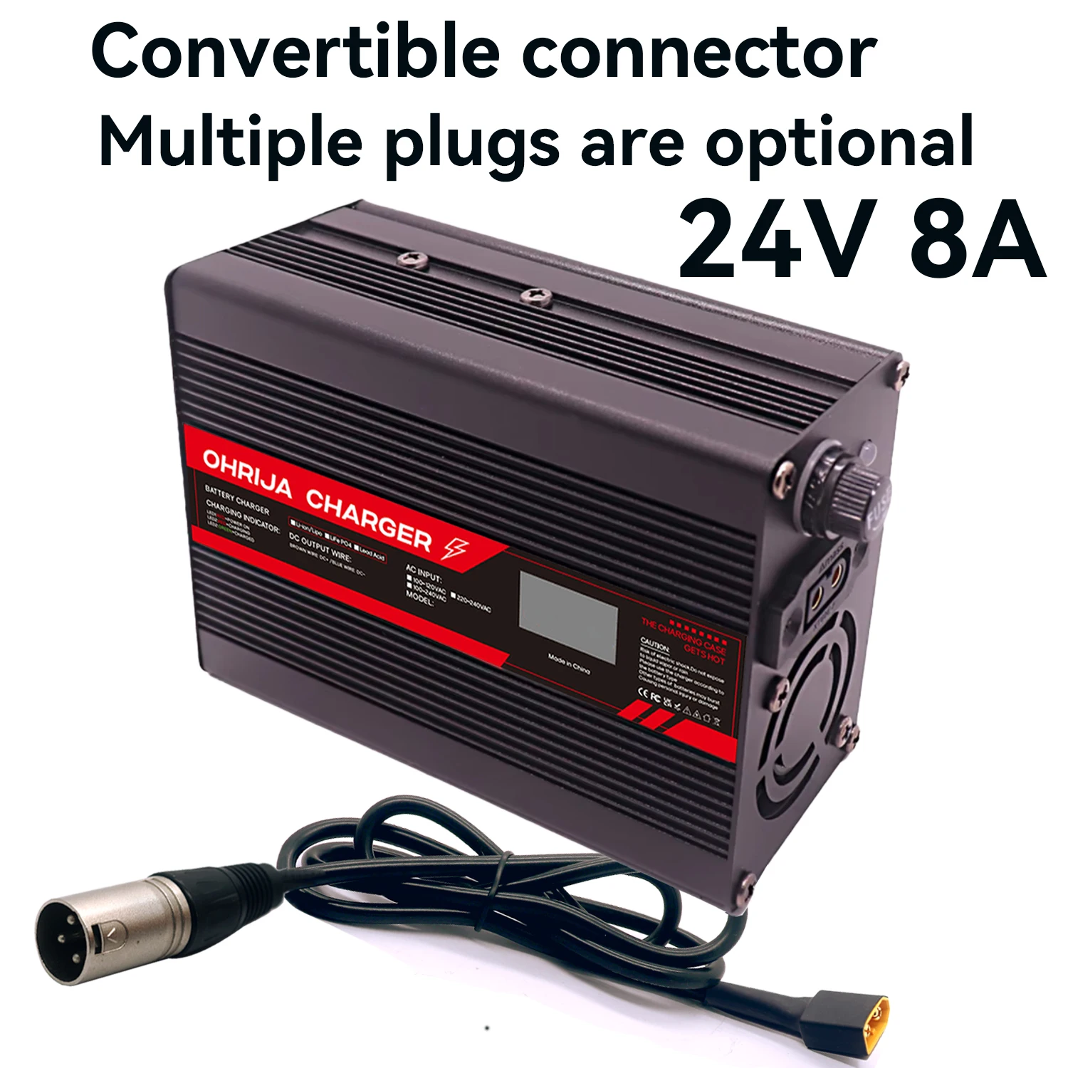 24V 8A LCD Display Lead Acid Battery Charger Quick Aluminum Shell Suitable for 2S Charger Detachable Connector Plug Is Optional